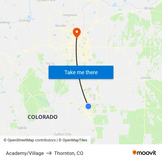Academy/Village to Thornton, CO map