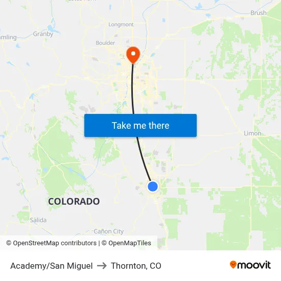 Academy/San Miguel to Thornton, CO map