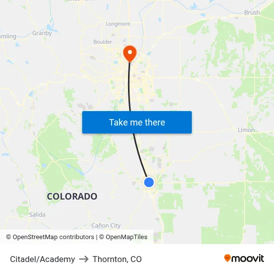 Citadel/Academy to Thornton, CO map
