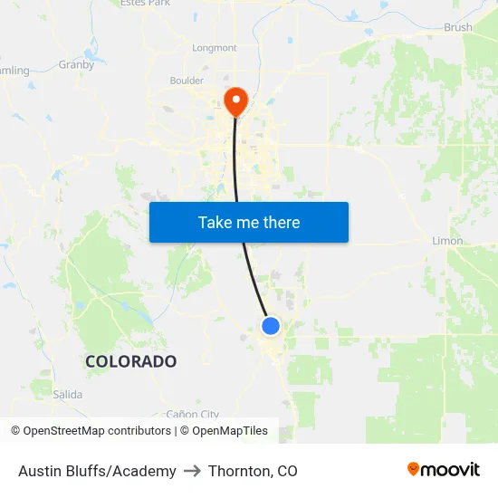 Austin Bluffs/Academy to Thornton, CO map