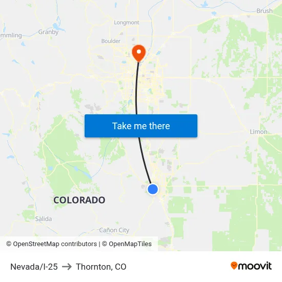 Nevada/I-25 to Thornton, CO map