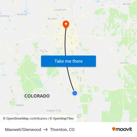 Maxwell/Glenwood to Thornton, CO map