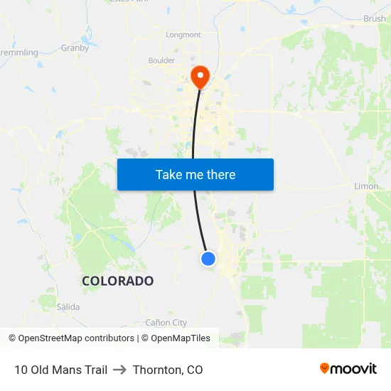 10 Old Mans Trail to Thornton, CO map