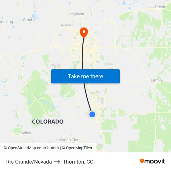 Rio Grande/Nevada to Thornton, CO map
