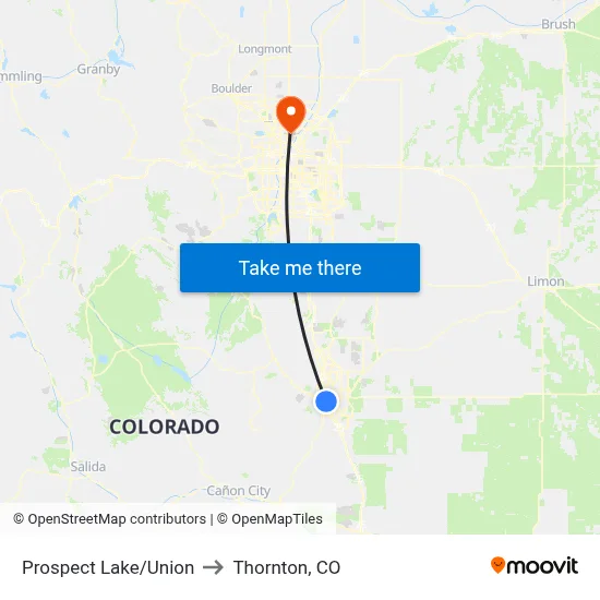 Prospect Lake/Union to Thornton, CO map
