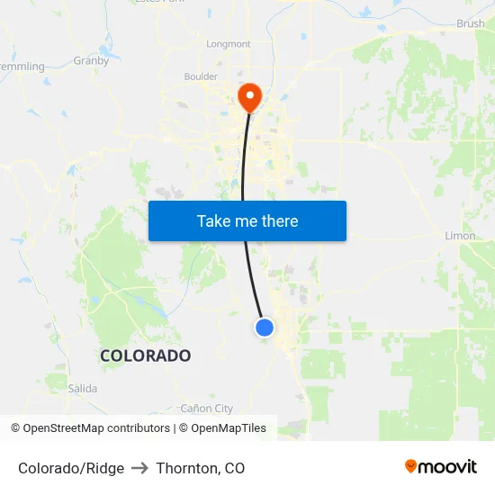 Colorado/Ridge to Thornton, CO map