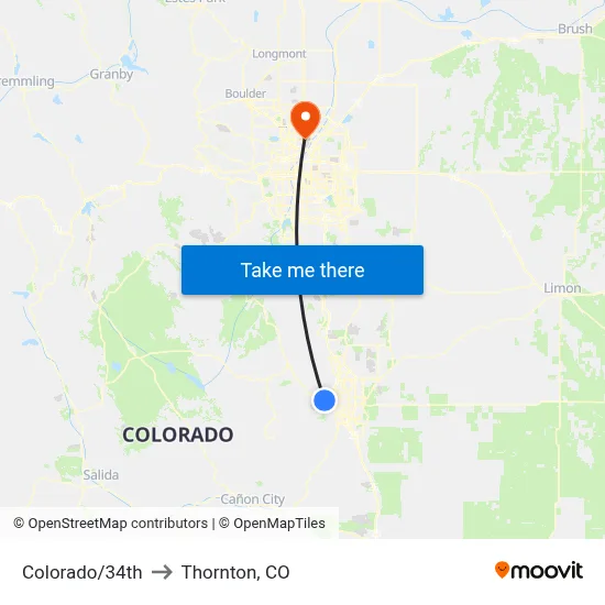 Colorado/34th to Thornton, CO map