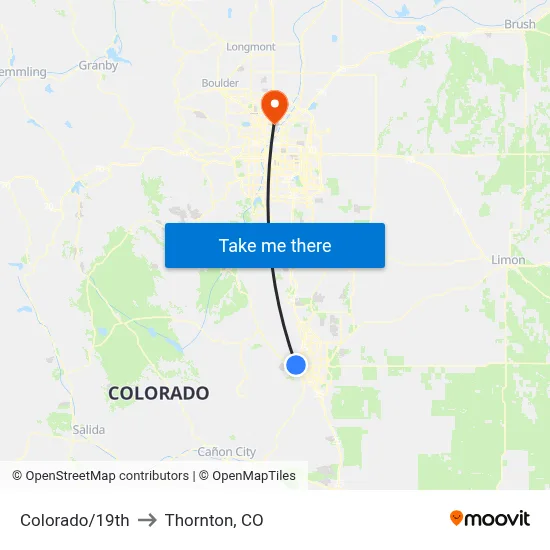 Colorado/19th to Thornton, CO map