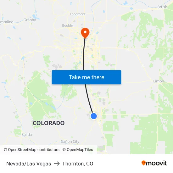 Nevada/Las Vegas to Thornton, CO map