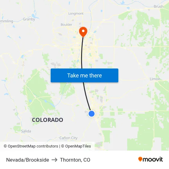 Nevada/Brookside to Thornton, CO map