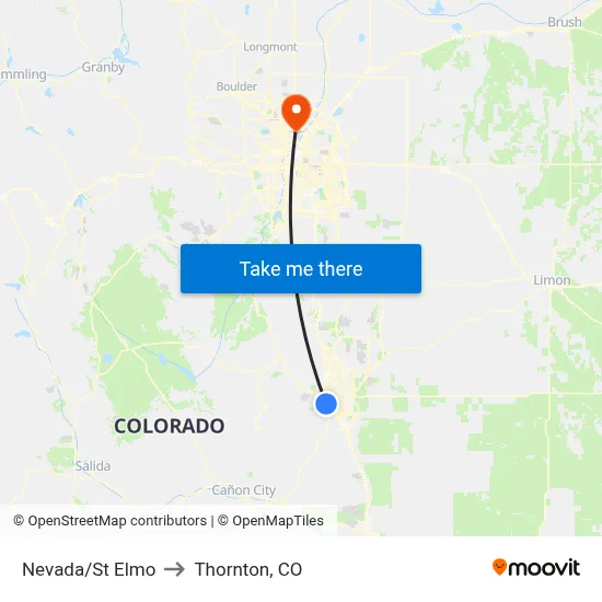 Nevada/St Elmo to Thornton, CO map