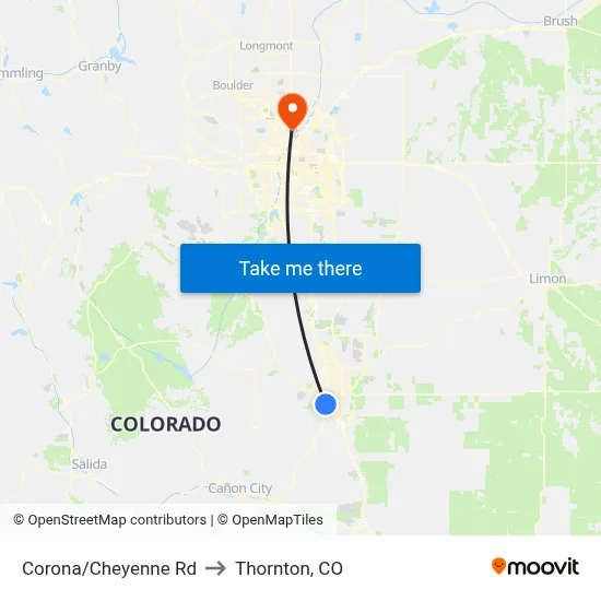 Corona/Cheyenne Rd to Thornton, CO map
