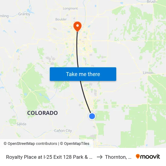 Royalty Place at I-25 Exit 128 Park & Ride to Thornton, CO map