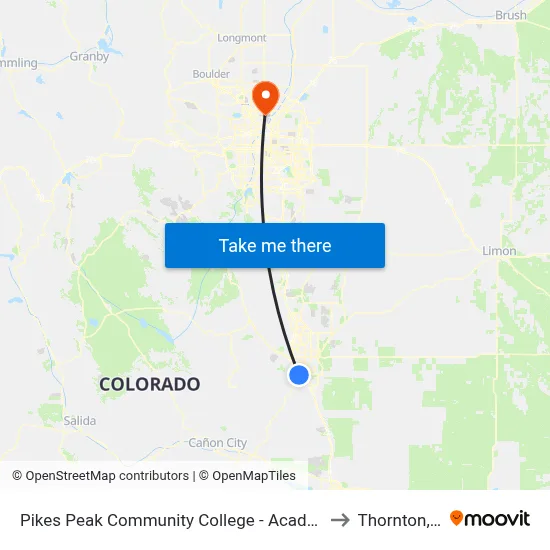 Pikes Peak Community College - Academy Blvd to Thornton, CO map