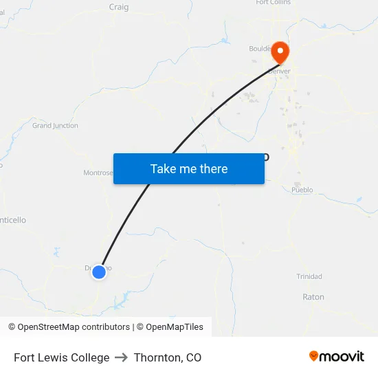 Fort Lewis College to Thornton, CO map