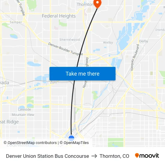 Denver Union Station Bus Concourse to Thornton, CO map