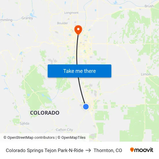 Colorado Springs Tejon Park-N-Ride to Thornton, CO map