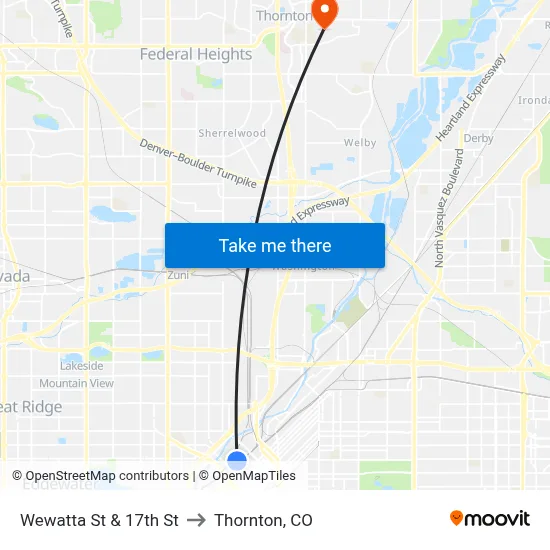 Wewatta St & 17th St to Thornton, CO map