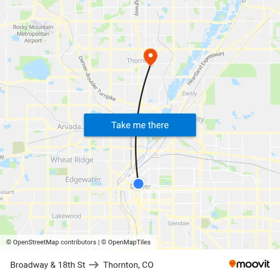 Broadway & 18th St to Thornton, CO map