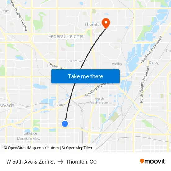 W 50th Ave & Zuni St to Thornton, CO map