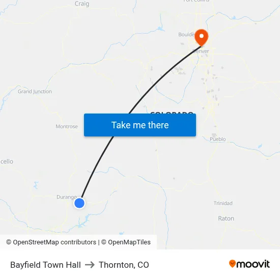 Bayfield Town Hall to Thornton, CO map