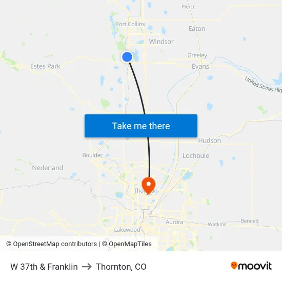 W 37th & Franklin to Thornton, CO map