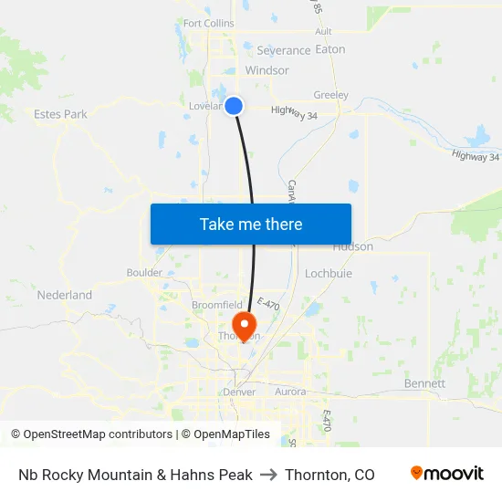 Nb Rocky Mountain & Hahns Peak to Thornton, CO map