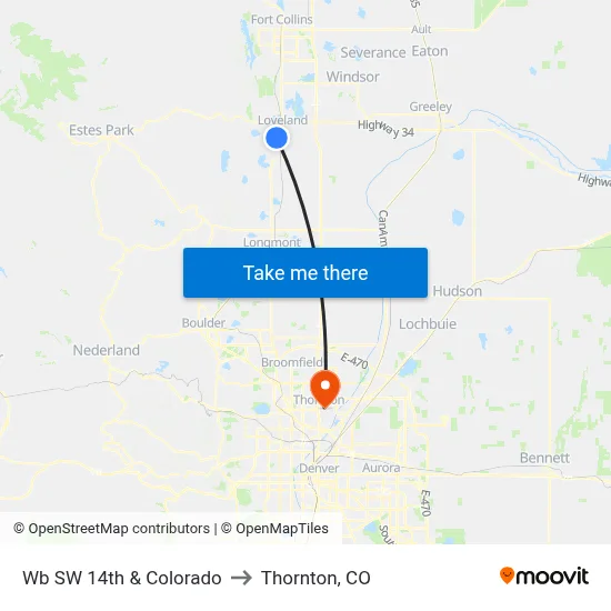 Wb SW 14th & Colorado to Thornton, CO map