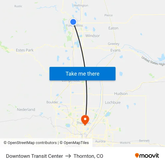 Downtown Transit Center to Thornton, CO map