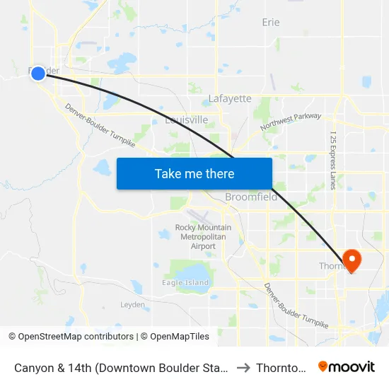 Canyon & 14th (Downtown Boulder Station Gate K) to Thornton, CO map