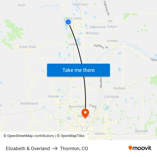 Elizabeth & Overland to Thornton, CO map
