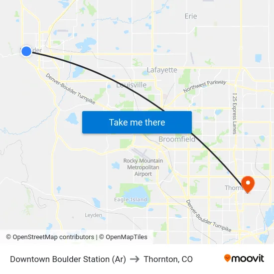 Downtown Boulder Station (Ar) to Thornton, CO map