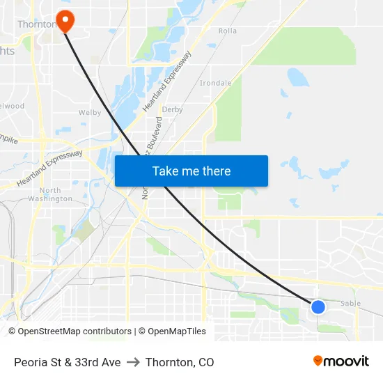 Peoria St & 33rd Ave to Thornton, CO map