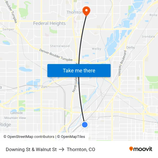 Downing St & Walnut St to Thornton, CO map
