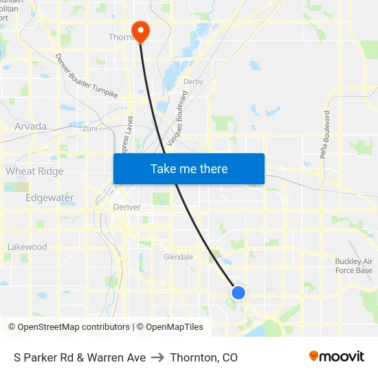 S Parker Rd & Warren Ave to Thornton, CO map