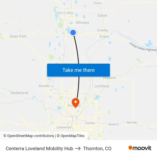 Centerra Loveland Mobility Hub to Thornton, CO map