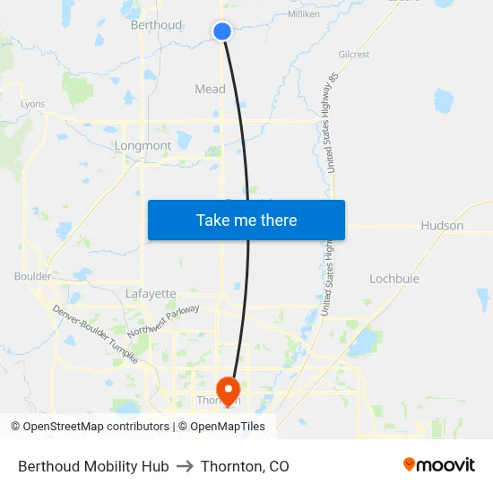 Berthoud Mobility Hub to Thornton, CO map