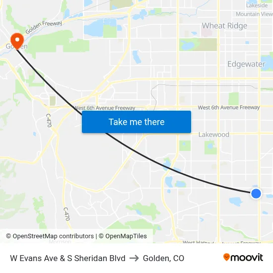 W Evans Ave & S Sheridan Blvd to Golden, CO map
