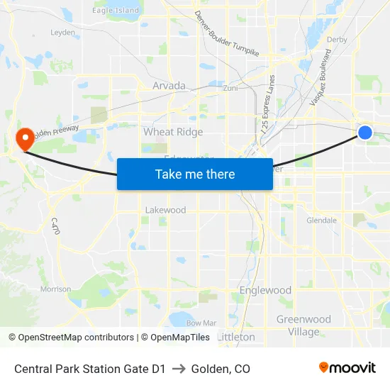 Central Park Station Gate D1 to Golden, CO map