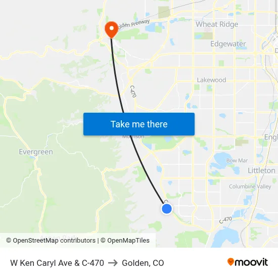 W Ken Caryl Ave & C-470 to Golden, CO map