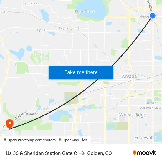 Us 36 & Sheridan Station Gate C to Golden, CO map