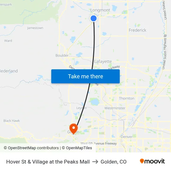 Hover St & Village at the Peaks Mall to Golden, CO map