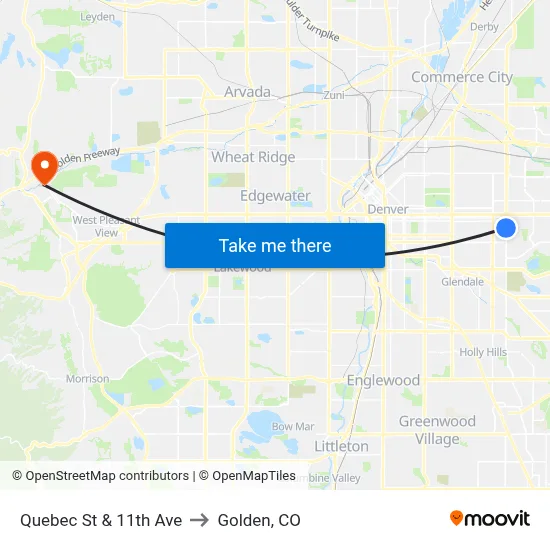 Quebec St & 11th Ave to Golden, CO map