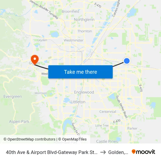 40th Ave & Airport Blvd-Gateway Park Stn Gate E to Golden, CO map