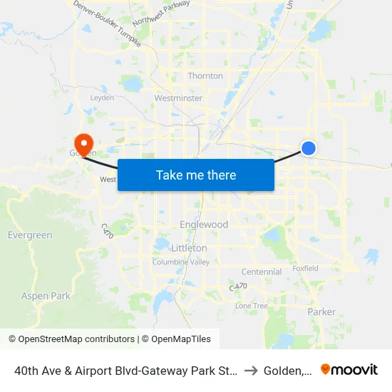 40th Ave & Airport Blvd-Gateway Park Stn Gate F to Golden, CO map