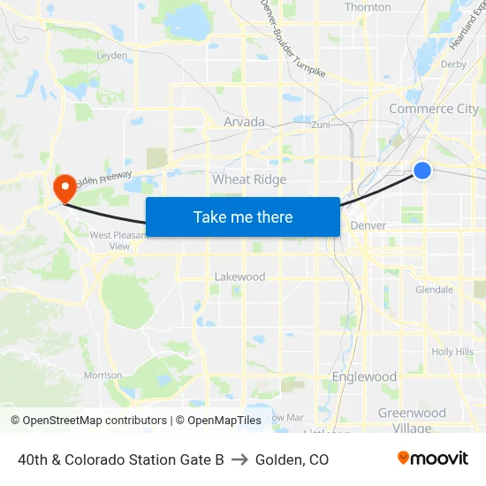 40th & Colorado Station Gate B to Golden, CO map