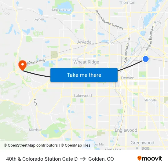 40th & Colorado Station Gate D to Golden, CO map