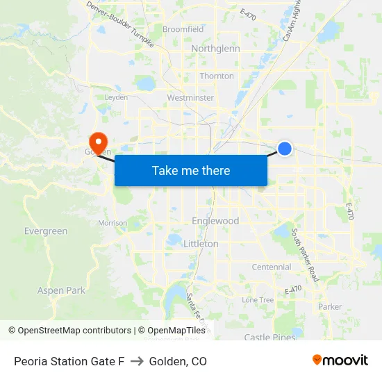Peoria Station Gate F to Golden, CO map