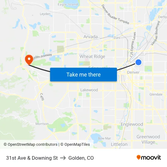31st Ave & Downing St to Golden, CO map