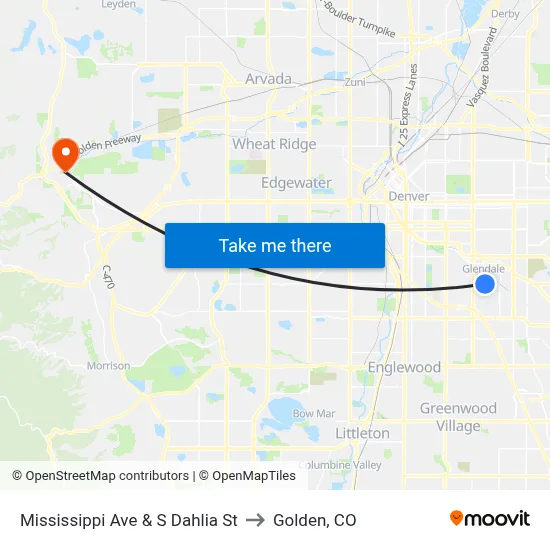 Mississippi Ave & S Dahlia St to Golden, CO map